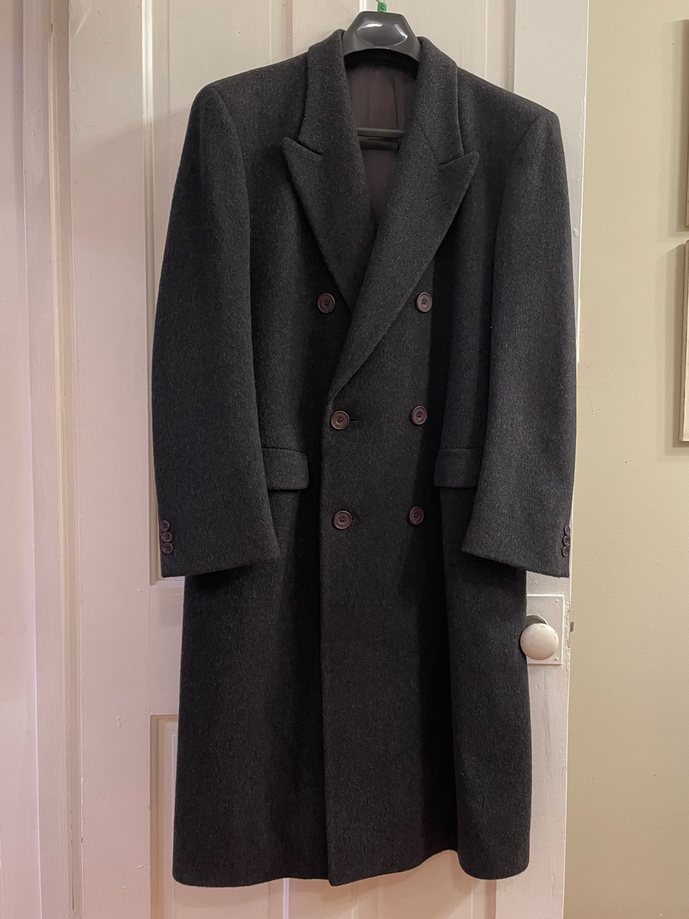 Vintage Evan Picone Mens 40R Double Breasted Charcoal Grey Wool English Overcoat
